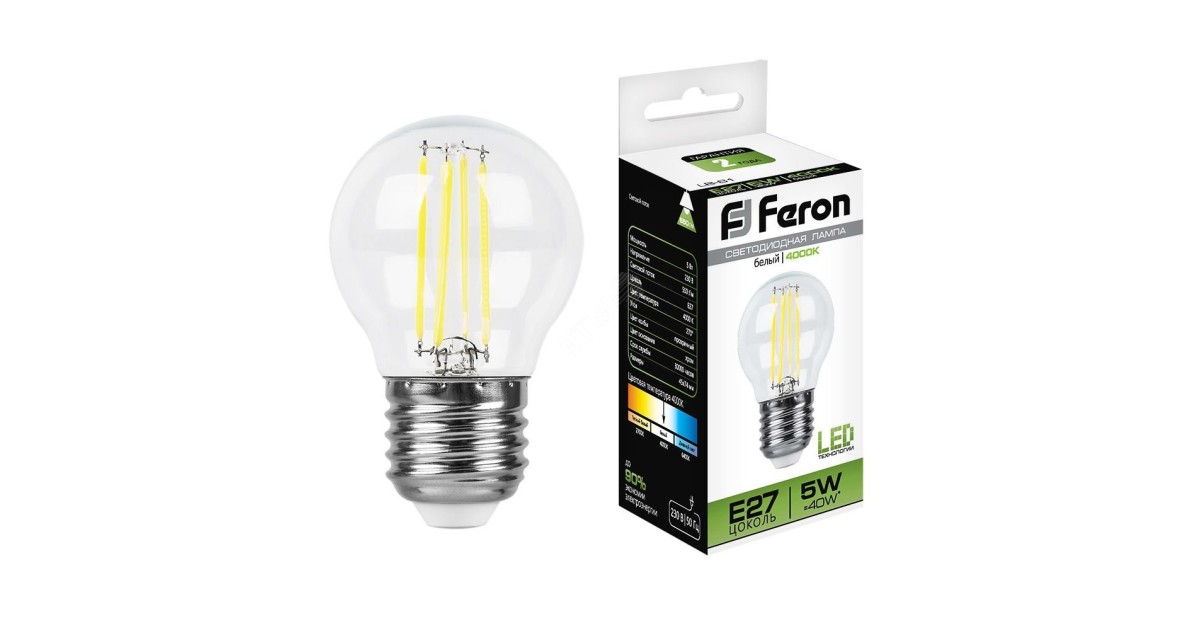 Купить Лампа светодиодная LED 5вт Е27 белый шар FILAMENT 25582 Feron оптом в Москве