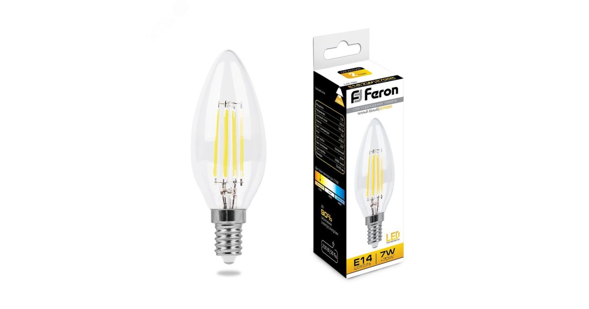 Купить Лампа светодиодная LED 7вт Е14 теплый свеча FILAMENT 25726 Feron оптом в Москве