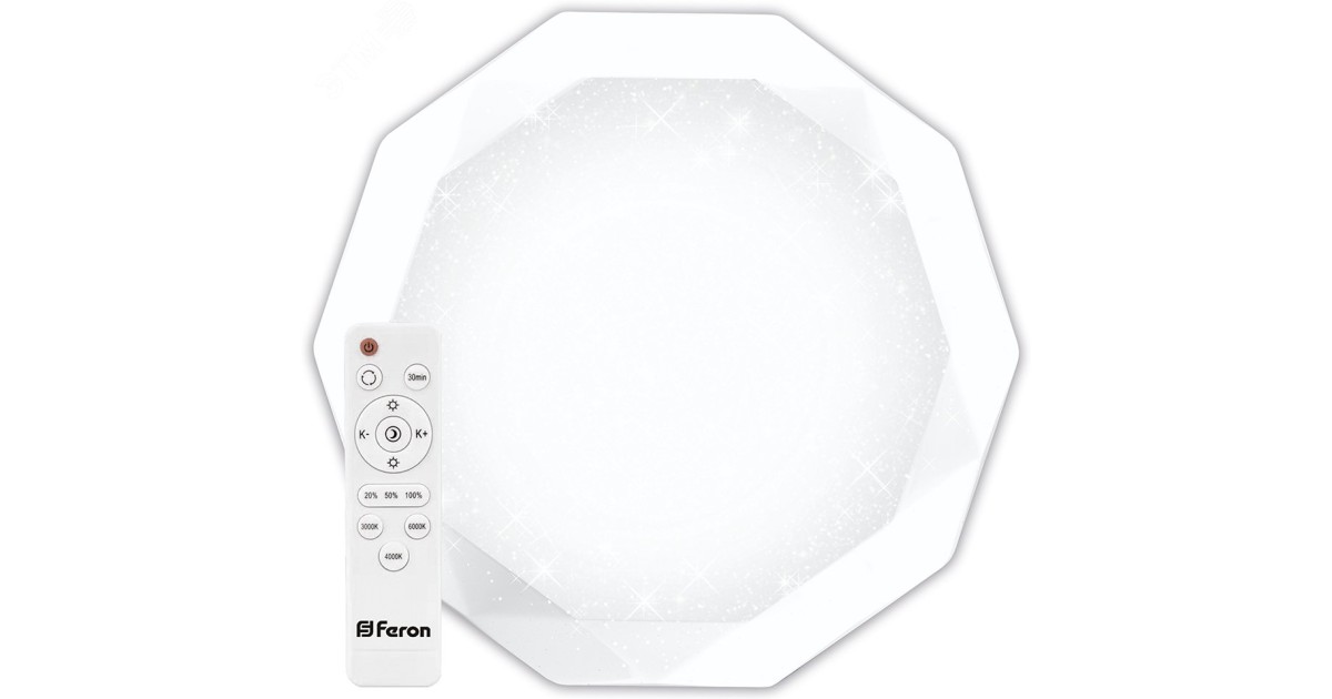 Купить Светильник светодиодный ДБО-36w матовый с эффектом Звездного неба регулировкой цветовой температуры 3000-6500К светового потока max 2900Лм и режима освещенности с пультом управления и таймером выключения 29635 Feron оптом в Москве