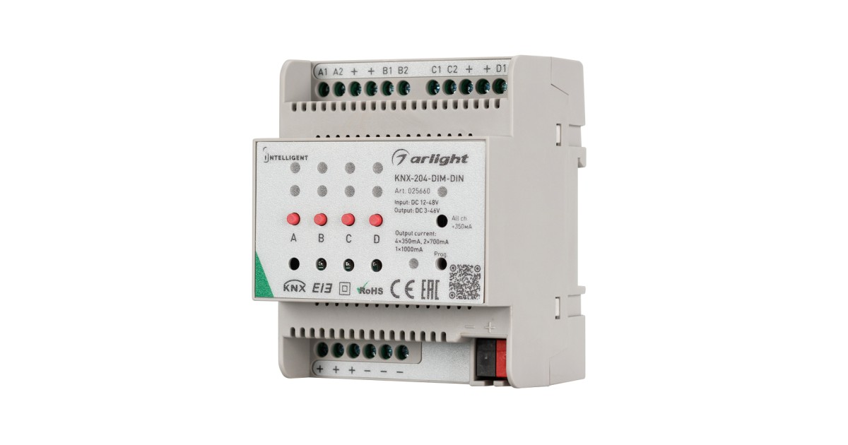 Купить INTELLIGENT ARLIGHT Диммер KNX-204-DIM-DIN (12-48V, 8x0.35/4x0.7/2x1A) 025660 Arlight оптом в Москве