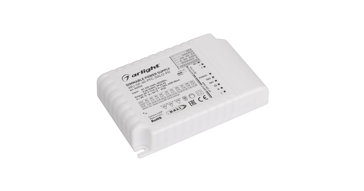 Купить Блок питания ARJ-SP-60-PFC-DALI2-PD (60W, 9-71V, 0.35 -1.05A) 033732 Arlight оптом в Москве