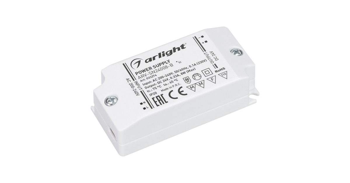 Купить Блок питания ARV-SN24008-B (24V, 0.33A, 8W) 033274 Arlight оптом в Москве