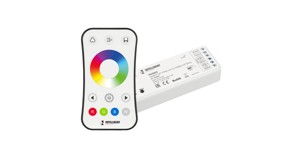 Купить INTELLIGENT ARLIGHT Диммер SMART-SET-PWM-104-52-RGBW-SUF White (12-24V, 4x4A, ПДУ RING 10кн, 2.4G) 036187 Arlight оптом в Москве