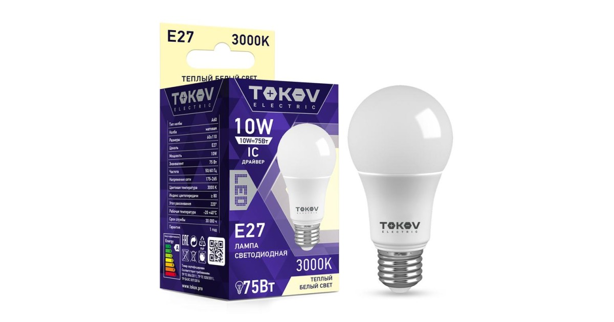 Купить Лампа светодиодная 10Вт А60 3000К Е27 176-264В TKE-A60-E27-10-3K TOKOV ELECTRIC оптом в Москве