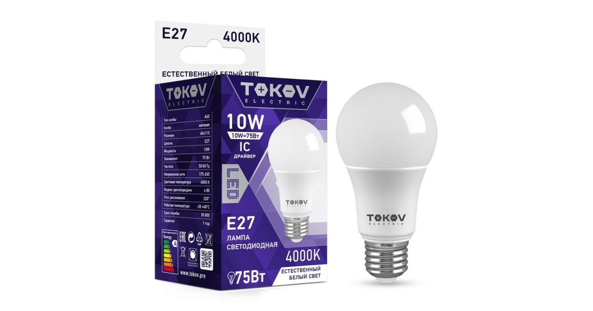 Купить Лампа светодиодная 10Вт А60 4000К Е27 176-264В TKE-A60-E27-10-4K TOKOV ELECTRIC оптом в Москве