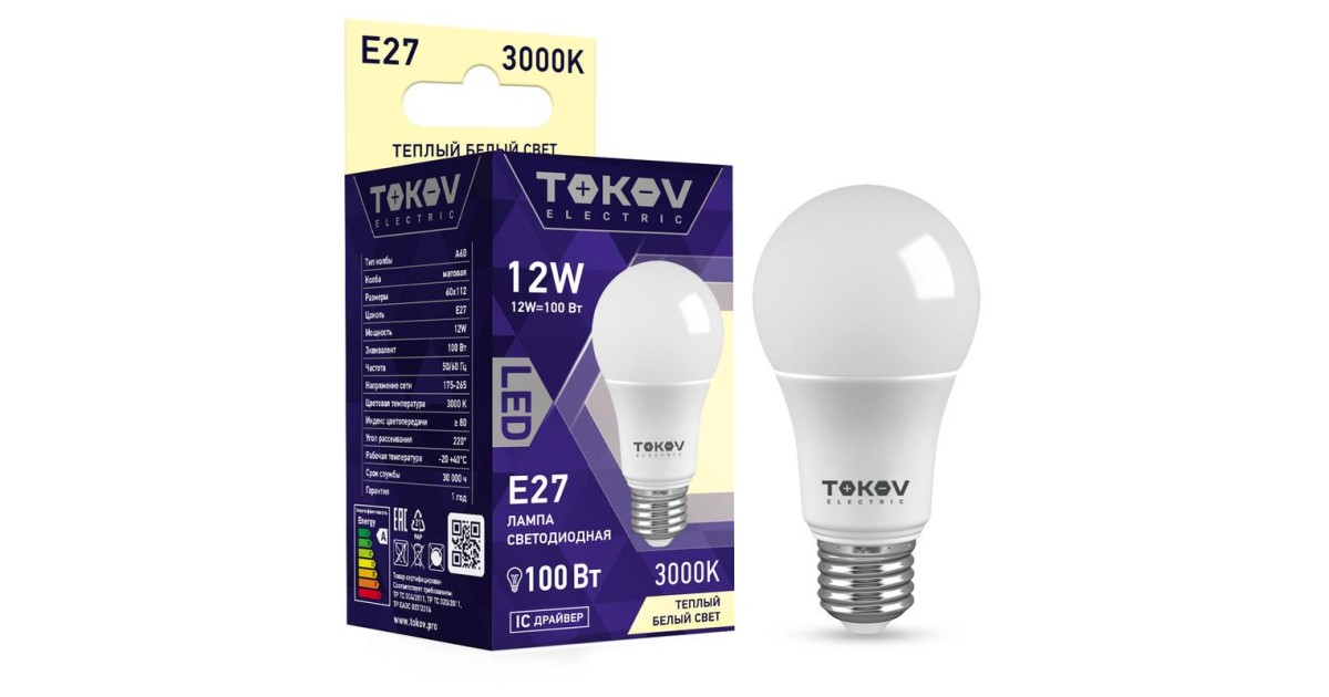 Купить Лампа светодиодная 12Вт А60 3000К Е27 176-264В TKE-A60-E27-12-3K TOKOV ELECTRIC оптом в Москве