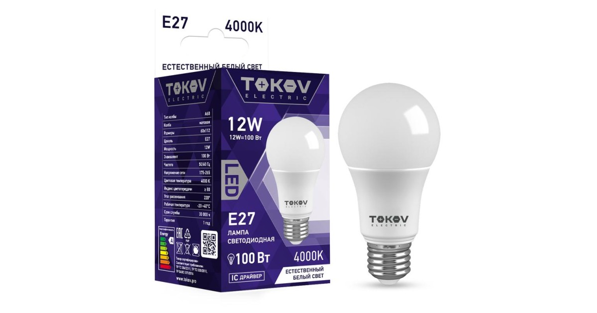 Купить Лампа светодиодная 12Вт А60 4000К Е27 176-264В TKE-A60-E27-12-4K TOKOV ELECTRIC оптом в Москве