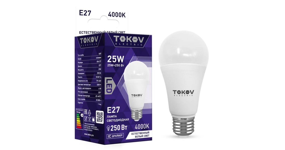 Купить Лампа светодиодная 25Вт А60 4000К Е27 176-264В TKE-A60-E27-25-4K TOKOV ELECTRIC оптом в Москве