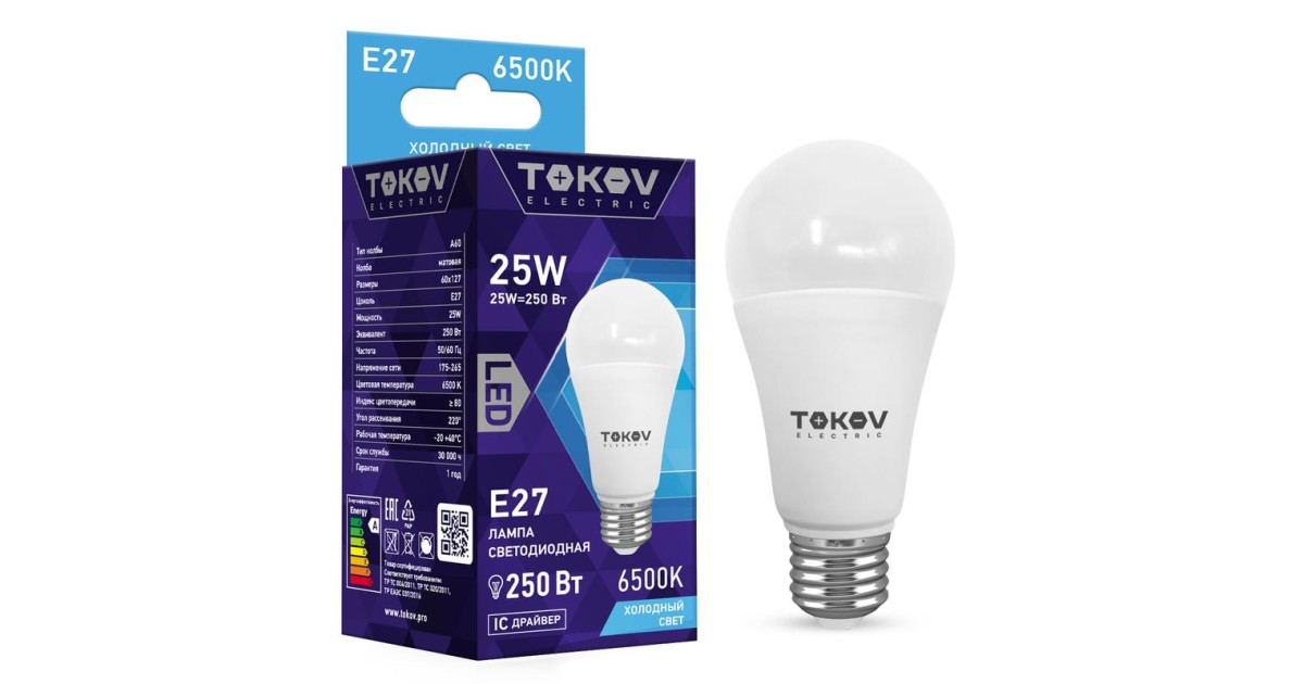 Купить Лампа светодиодная 25Вт А60 6500К Е27 176-264В TKE-A60-E27-25-6.5K TOKOV ELECTRIC оптом в Москве