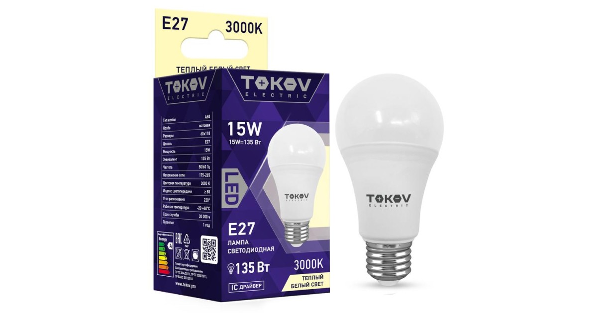 Купить Лампа светодиодная 15Вт А60 3000К Е27 176-264В TKE-A60-E27-15-3K TOKOV ELECTRIC оптом в Москве