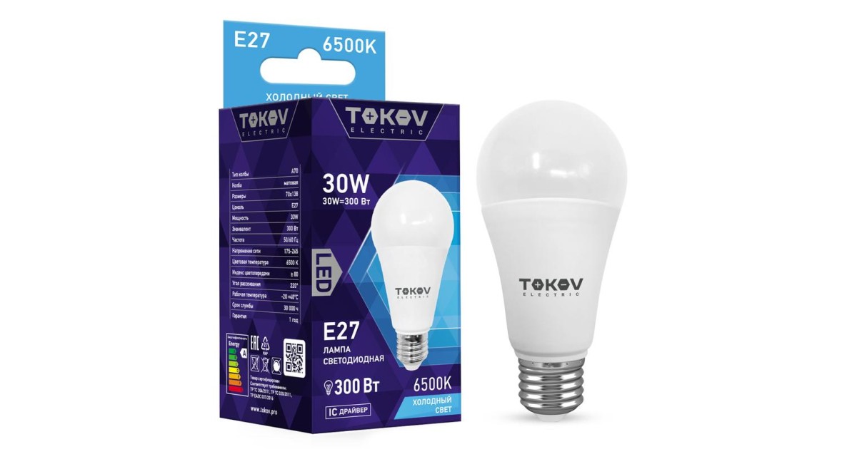 Купить Лампа светодиодная 30Вт А70 6500К Е27 176-264В TKE-A70-E27-30-6.5K TOKOV ELECTRIC оптом в Москве