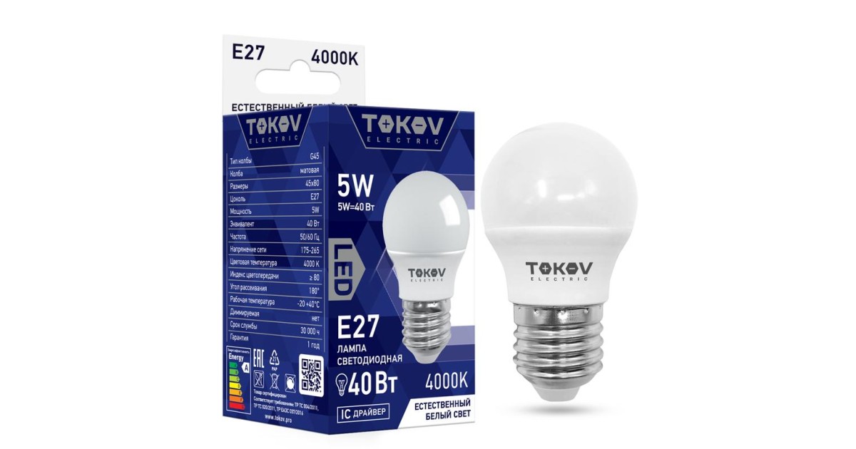 Купить Лампа светодиодная 5Вт G45 4000К Е27 176-264В TKE-G45-E27-5-4K TOKOV ELECTRIC оптом в Москве