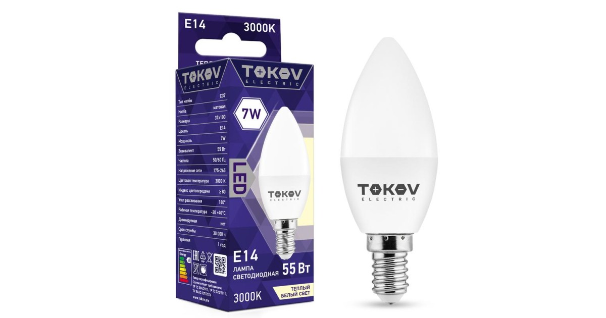 Купить Лампа светодиодная 7Вт С37 3000К Е14 176-264В TKE-C37-E14-7-3K TOKOV ELECTRIC оптом в Москве