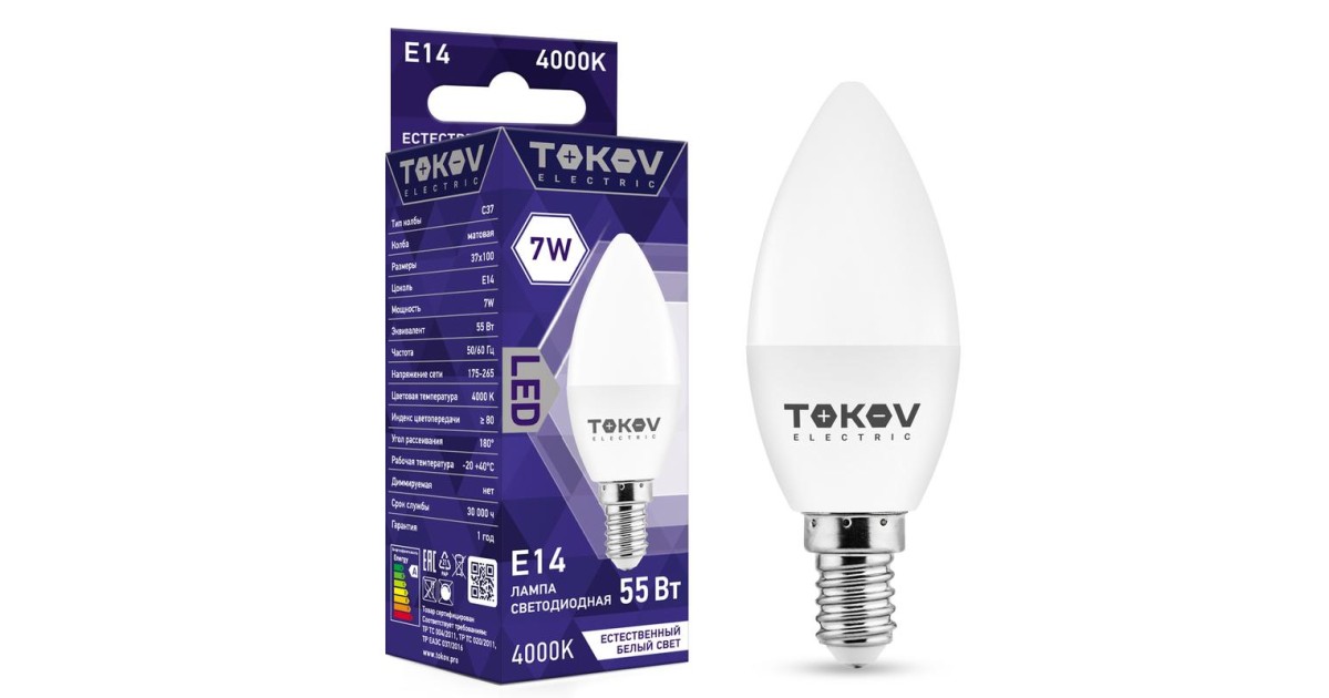 Купить Лампа светодиодная 7Вт С37 4000К Е14 176-264В TKE-C37-E14-7-4K TOKOV ELECTRIC оптом в Москве