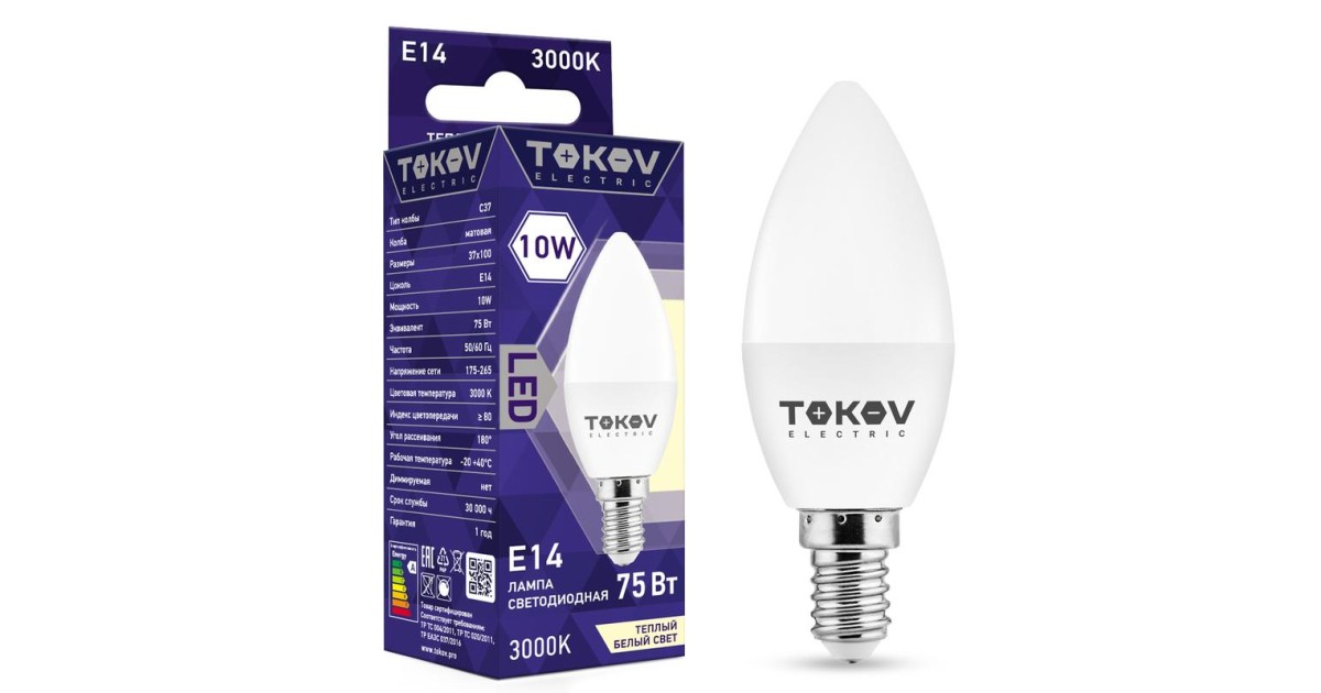 Купить Лампа светодиодная 10Вт С37 3000К Е14 176-264В TKE-C37-E14-10-3K TOKOV ELECTRIC оптом в Москве