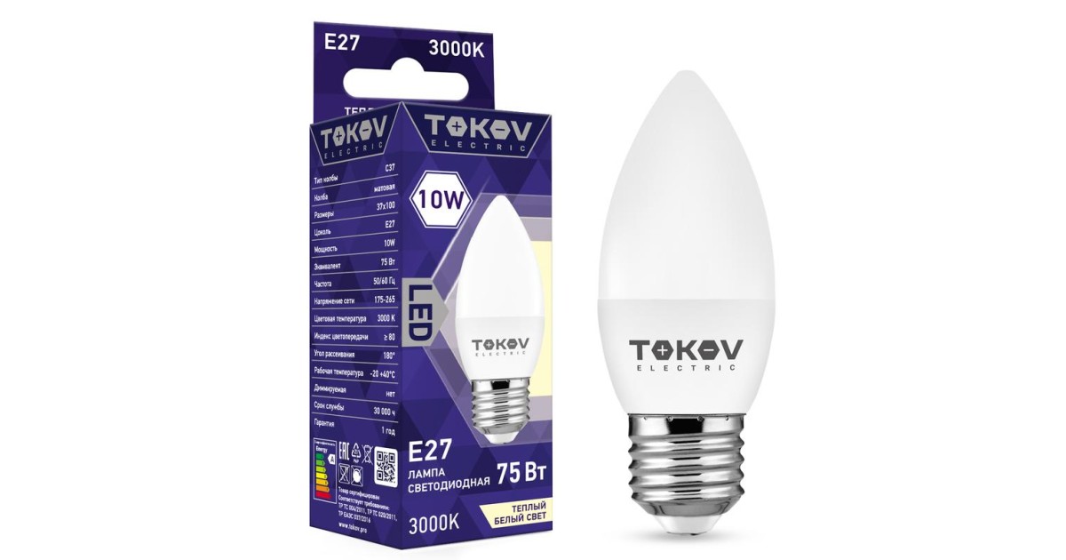 Купить Лампа светодиодная 10Вт С37 3000К Е27 176-264В TKE-C37-E27-10-3K TOKOV ELECTRIC оптом в Москве