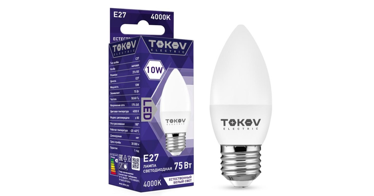 Купить Лампа светодиодная 10Вт С37 4000К Е27 176-264В TKE-C37-E27-10-4K TOKOV ELECTRIC оптом в Москве