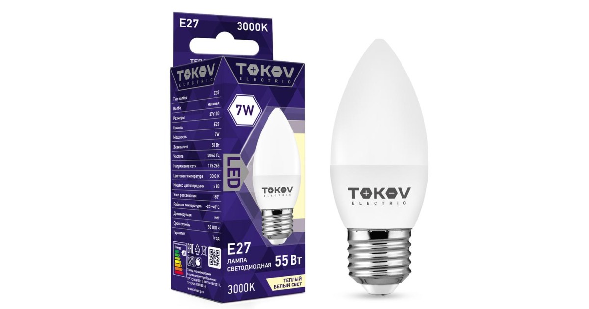 Купить Лампа светодиодная 7Вт С37 3000К Е27 176-264В TKE-C37-E27-7-3K TOKOV ELECTRIC оптом в Москве