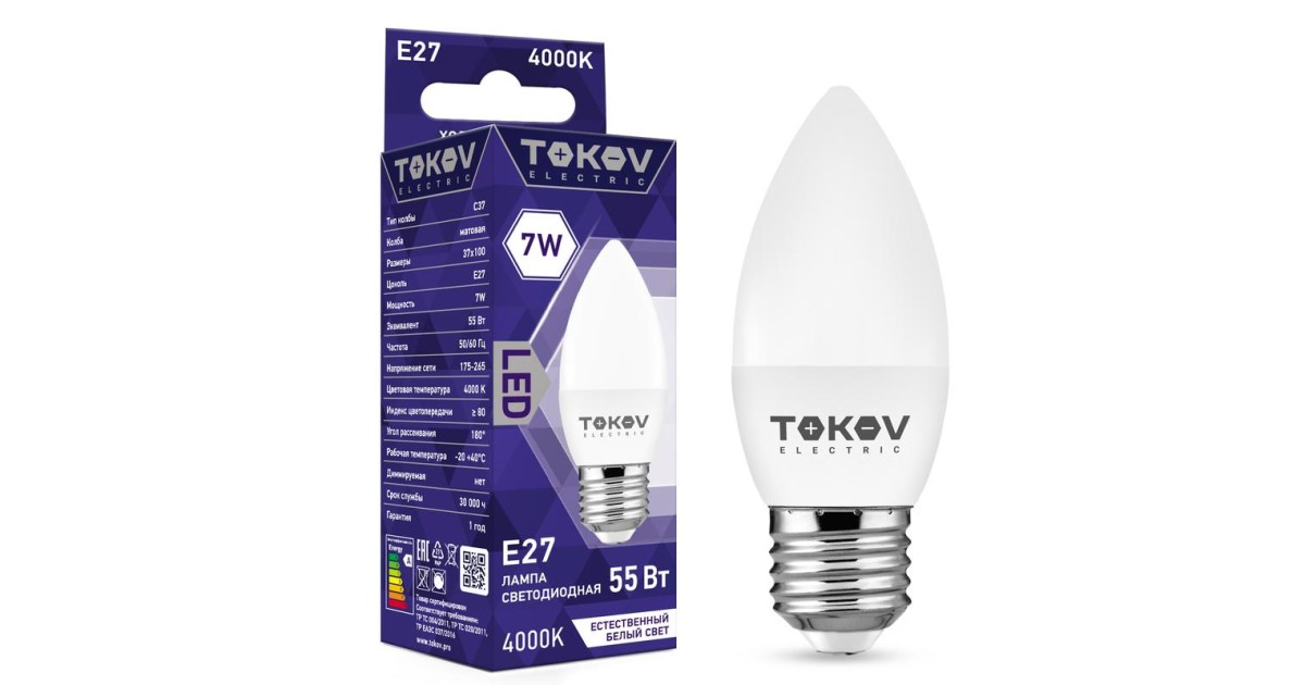 Купить Лампа светодиодная 7Вт С37 4000К Е27 176-264В TKE-C37-E27-7-4K TOKOV ELECTRIC оптом в Москве