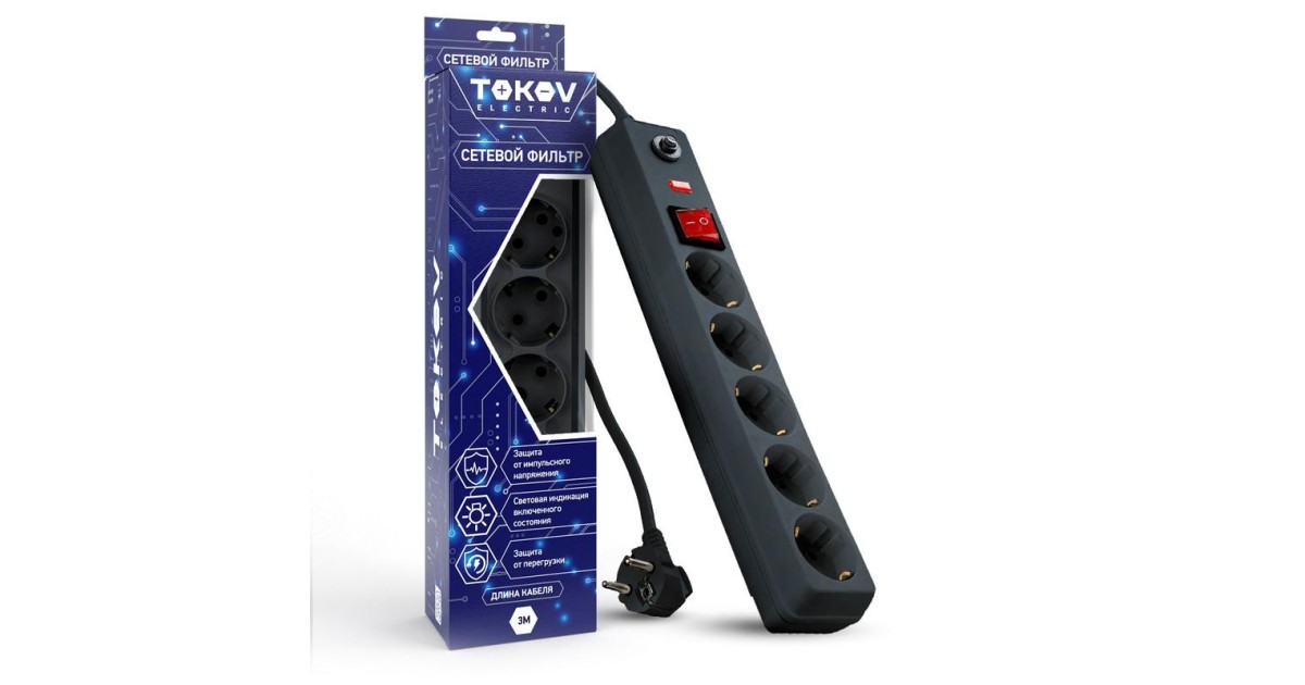 Купить Удлинитель с сетевым фильтром 5х3м с заземл. с выкл. 16А с защ. от скачков напр. и перегрузок 3х1 сер. TKE-C06-SF5-3-ZV TOKOV ELECTRIC оптом в Москве