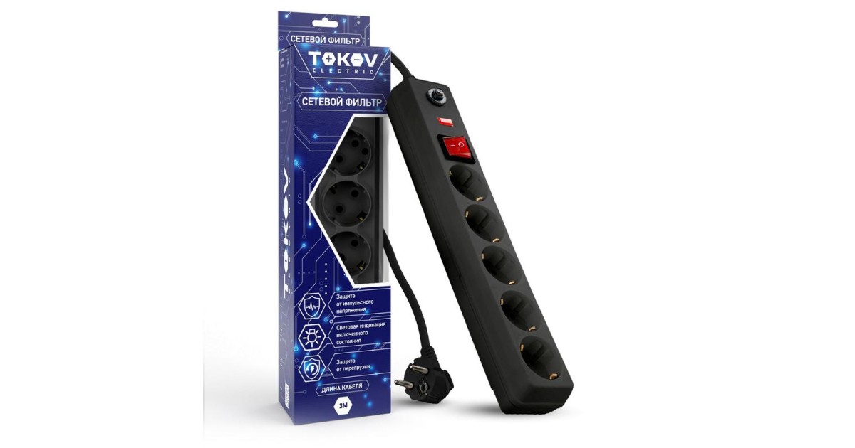 Купить Удлинитель с сетевым фильтром 5х3м с заземл. с выкл. 16А с защ. от скачков напр. и перегрузок 3х1 черн. TKE-C05-SF5-3-ZV TOKOV ELECTRIC оптом в Москве