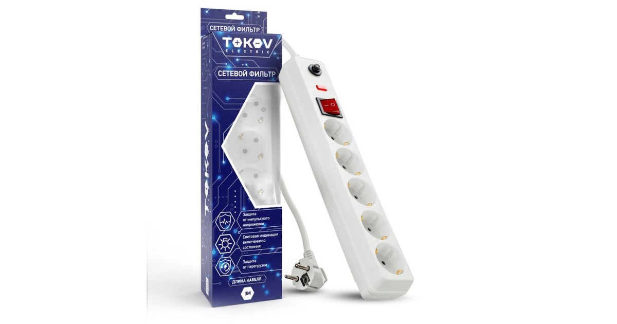Купить Удлинитель с сетевым фильтром 5х3м с заземл. с выкл. 16А с защ. от скачков напр. и перегрузок 3х1 бел. TKE-C01-SF5-3-ZV TOKOV ELECTRIC оптом в Москве