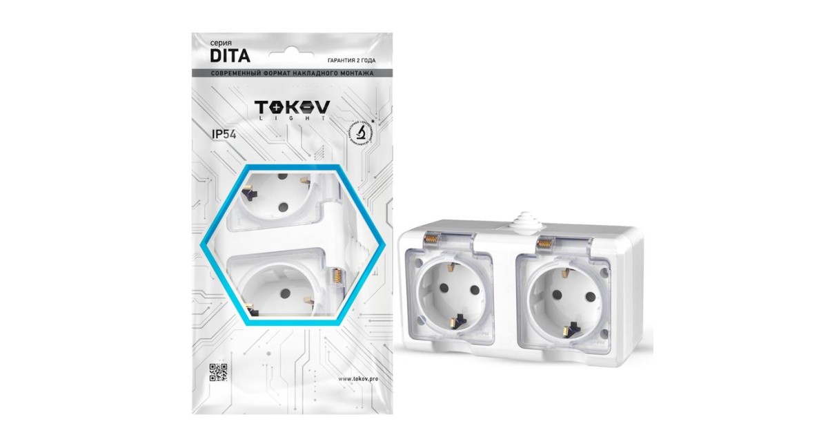 Купить Розетка 2-м ОП Dita 16А IP54 250В с заземл. с прозр. крышкой бел. TKL-DT-R2Z-C01T-IP54 TOKOV ELECTRIC оптом в Москве