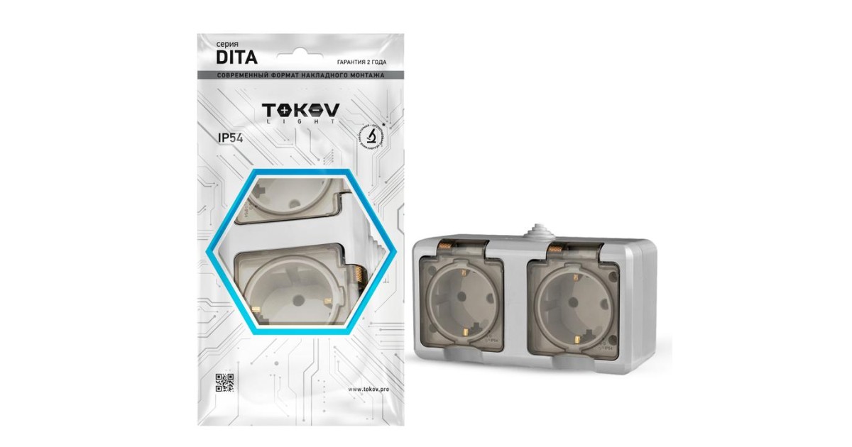 Купить Розетка 2-м ОП Dita 16А IP54 250В с заземл. с прозр. крышкой сер. TKL-DT-R2Z-C06T-IP54 TOKOV ELECTRIC оптом в Москве