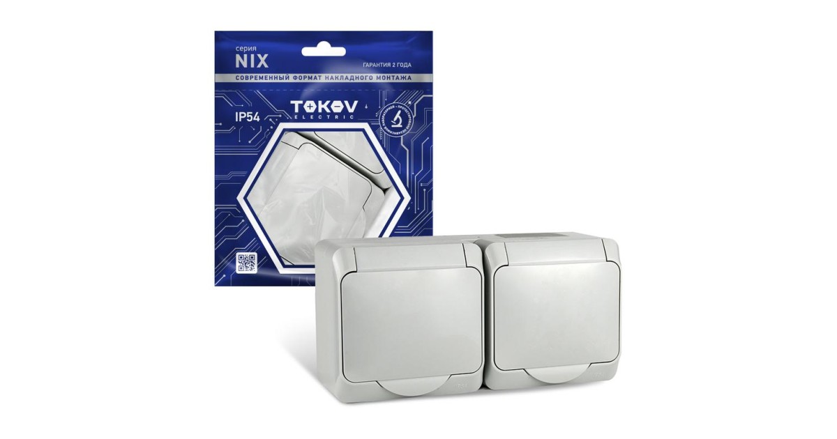 Купить Розетка 2-м ОП Nix 16А IP54 250В с заземл. с крышкой сер. TKE-NX-R2Z-C06-IP54 TOKOV ELECTRIC оптом в Москве
