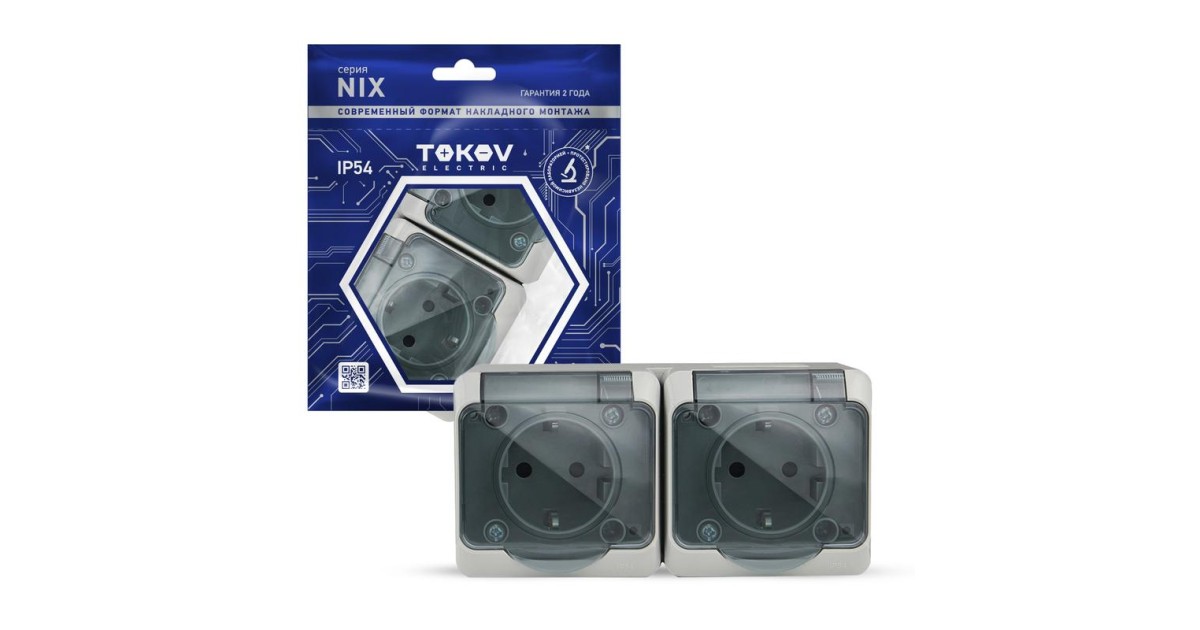Купить Розетка 2-м ОП Nix 16А IP54 250В с заземл. с прозр. крышкой сер. TKE-NX-R2Z-C06T-IP54 TOKOV ELECTRIC оптом в Москве