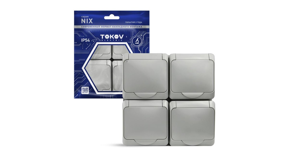 Купить Розетка 4-м ОП Nix 16А IP54 250В с заземл. с крышкой сер. TKE-NX-R4Z-C06-IP54 TOKOV ELECTRIC оптом в Москве