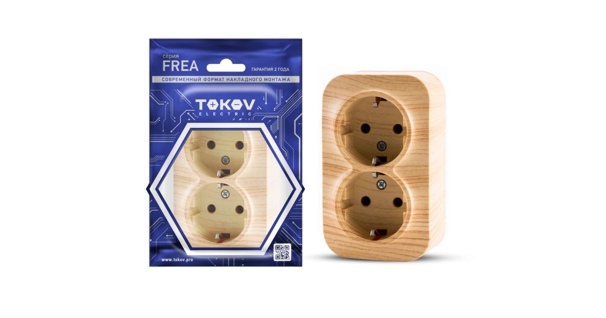 Купить Розетка 2-м ОП Frea 16А IP20 250В с заземл. АБС-пластик сосна TKE-FR-R2Z-C25 TOKOV ELECTRIC оптом в Москве