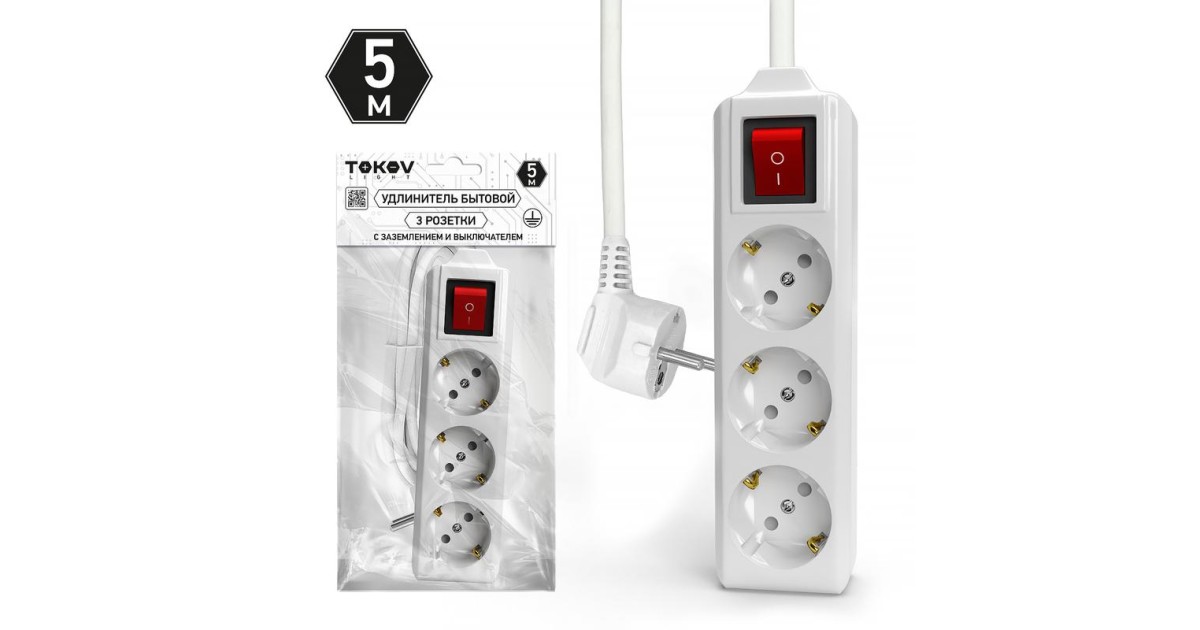 Купить Удлинитель 3х5м с заземл. с выкл. 10А 3х1.5 TOKOV LIGHT TKL-C01-BU3-5-1.5-ZV TOKOV ELECTRIC оптом в Москве