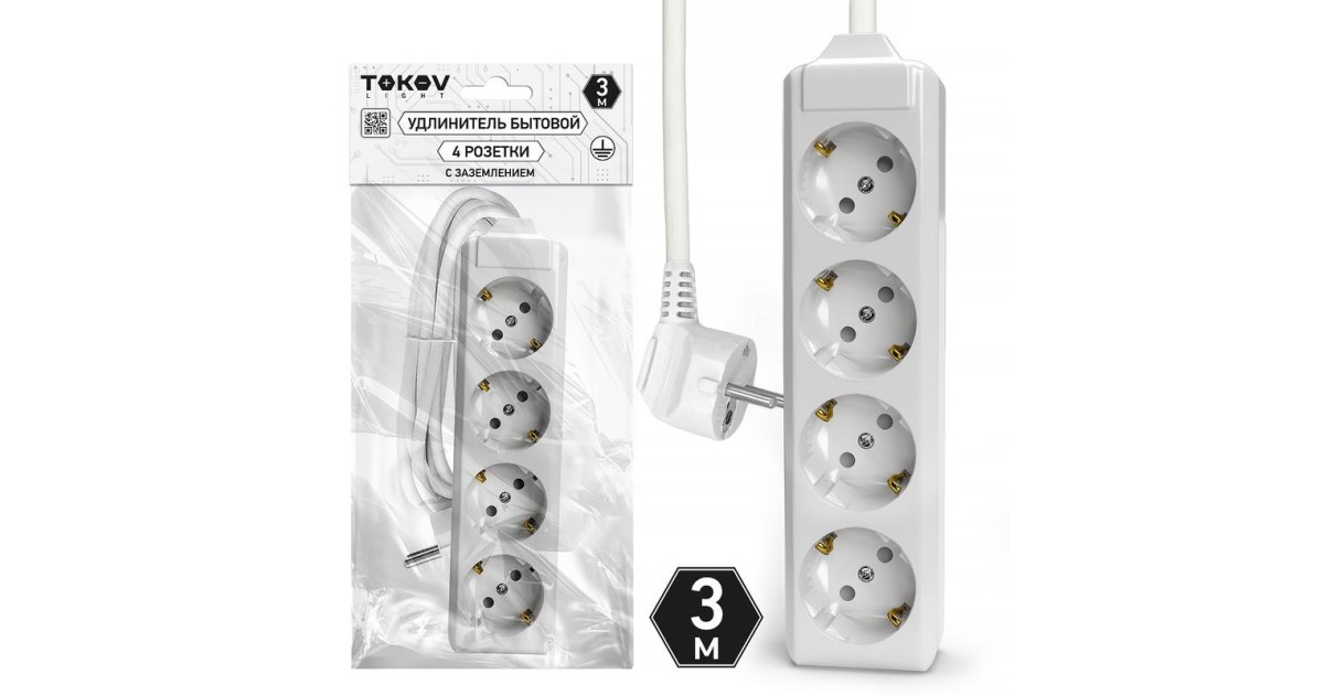 Купить Удлинитель 4х3м с заземл. 10А 3х1.5 TOKOV LIGHT TKL-C01-BU4-3-1.5-Z TOKOV ELECTRIC оптом в Москве