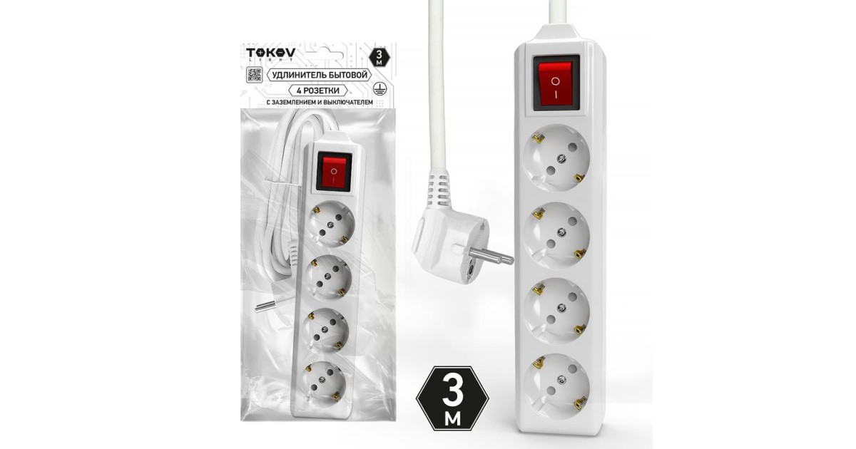 Купить Удлинитель 4х3м с заземл. с выкл. 10А 3х1.5 TOKOV LIGHT TKL-C01-BU4-3-1.5-ZV TOKOV ELECTRIC оптом в Москве