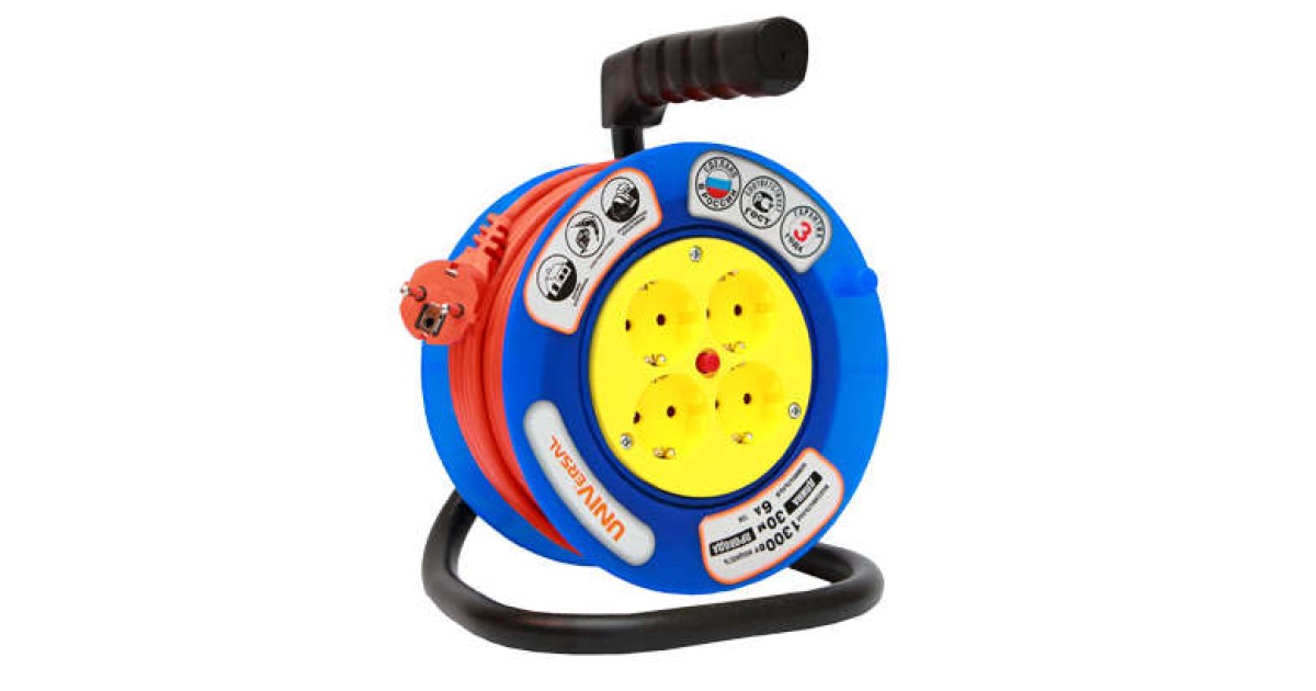 Купить Удлинитель на катушке 4х20м без заземл. 6А IP20 У6-014 190мм ПВС 2х0.75 термозащита 9632057 UNIVersal оптом в Москве