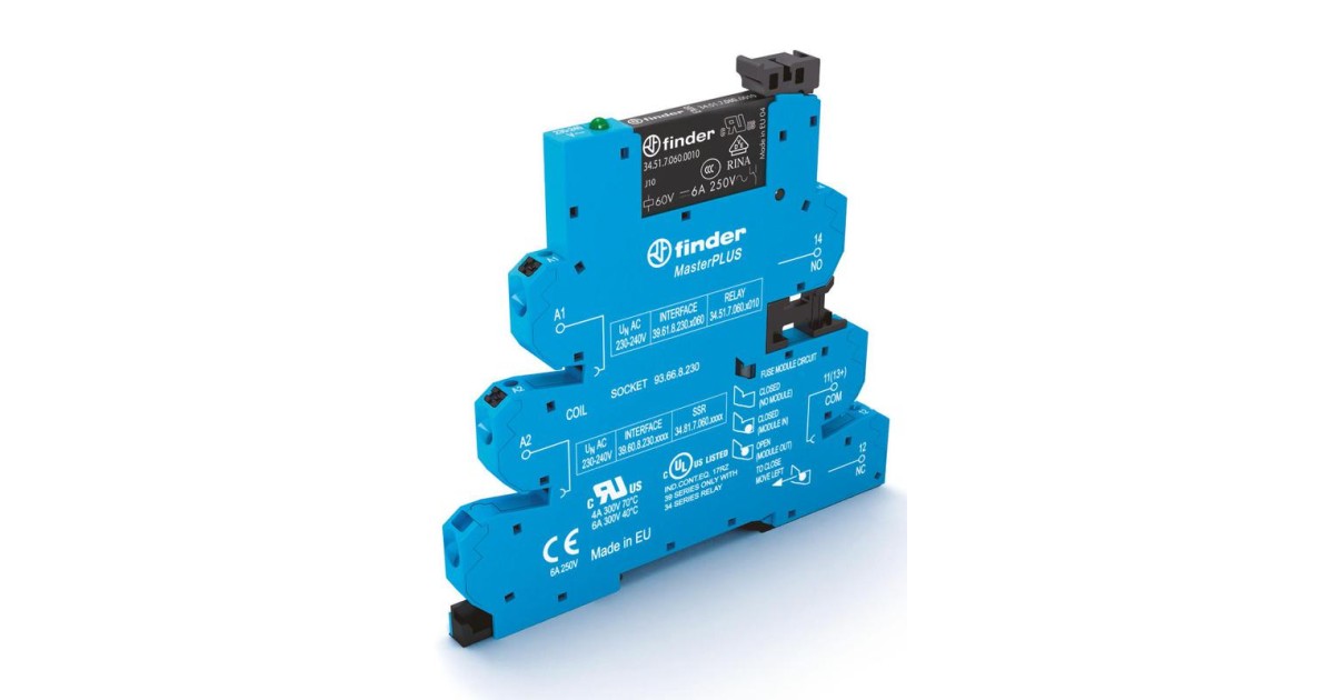 Купить Модуль интерфейсный (сборка 34.51.7.024.0010 + 93.66.7.024) электромеханич. реле MasterPLUS 1CO 6А 24В AC/DC IP20 безвинт. клеммы Push-in 396100240060 FINDER оптом в Москве