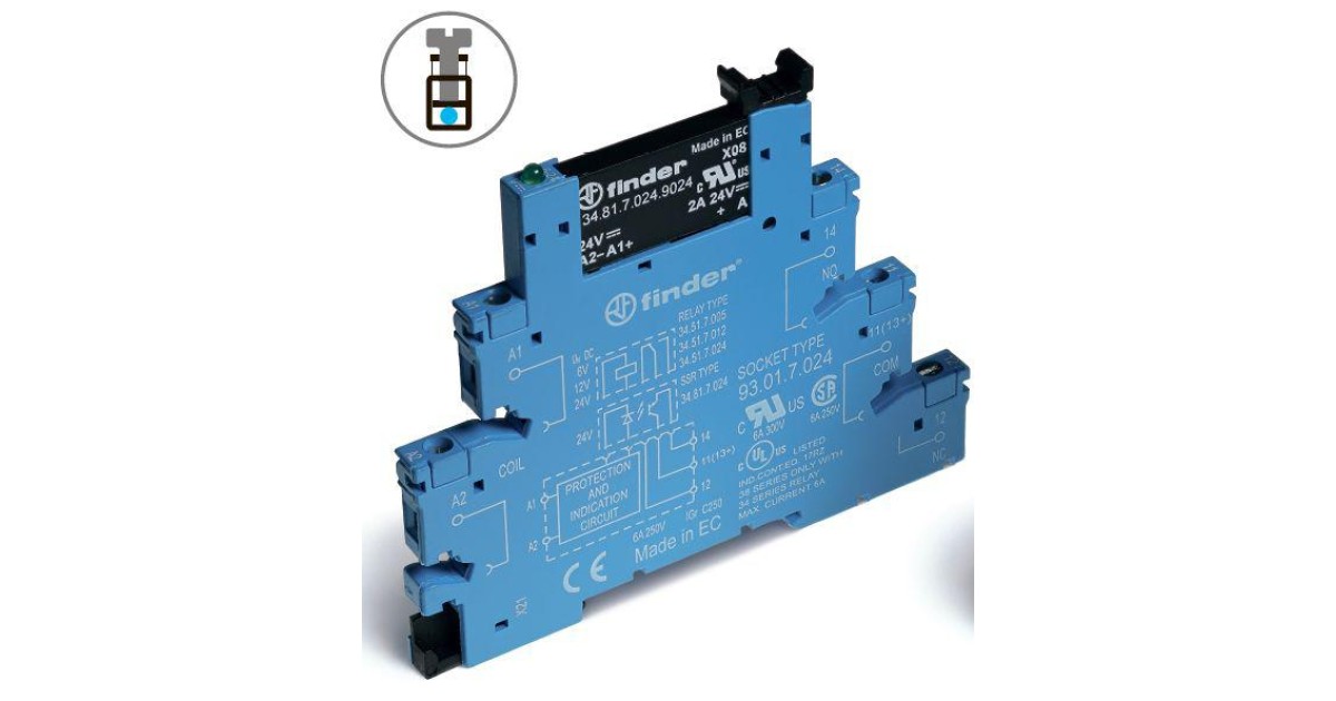Купить Модуль интерфейсный (сборка 34.81.7.024.9024 + 93.01.7.024) твердотельное реле выход 6А (24В DC) 24В DC IP20 винт. клеммы 388170249024 FINDER оптом в Москве