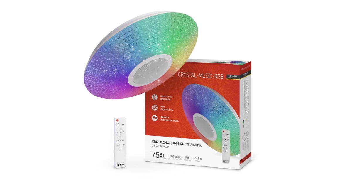 Купить Светильник светодиодный COMFORT CRYSTAL-MUSIC-RGB 75Вт 230В 3000-6500К 6000лм 505х125мм с пультом ДУ 4690612044569 IN HOME оптом в Москве