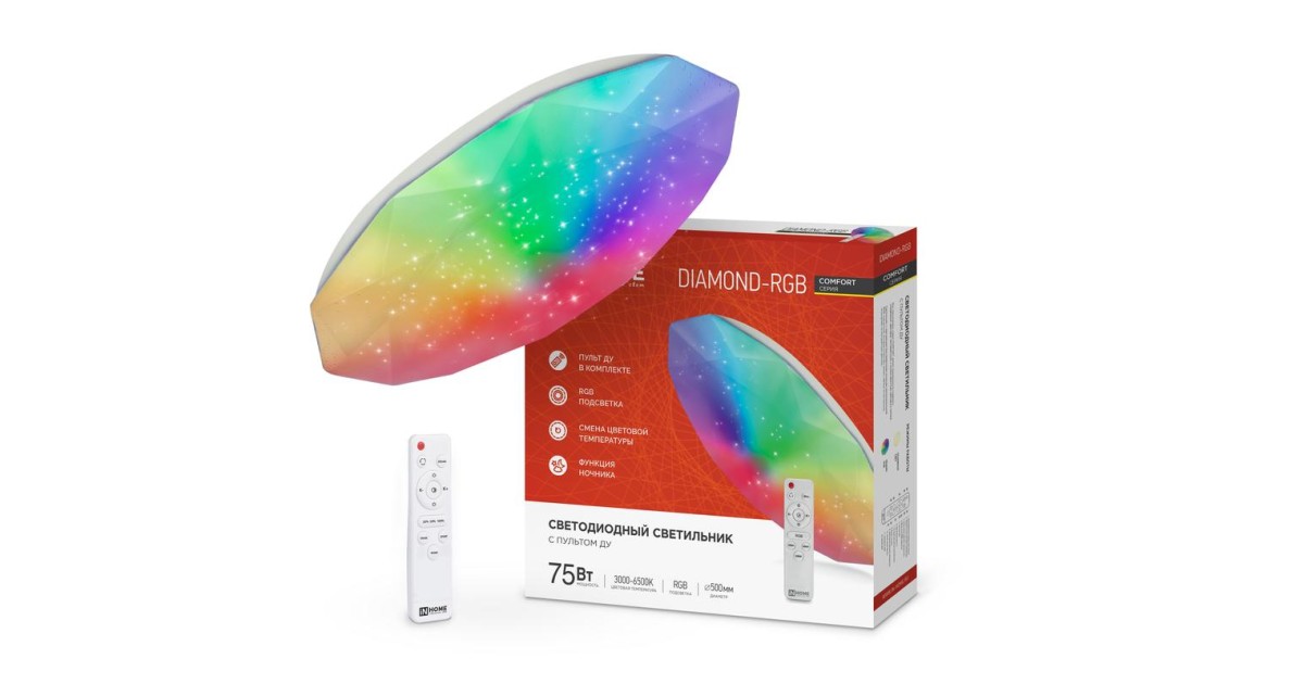 Купить Светильник светодиодный COMFORT DIAMOND-RGB 75Вт 230В 3000-6500К 6000лм 500х90мм с пультом ДУ 4690612044583 IN HOME оптом в Москве