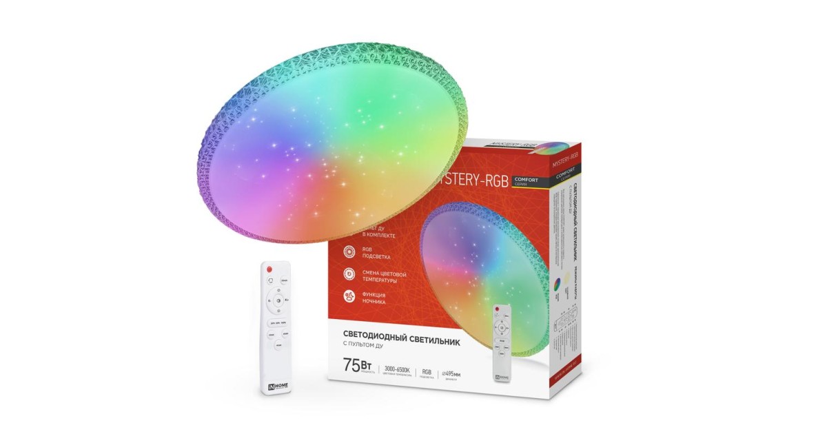 Купить Светильник светодиодный COMFORT MYSTERY-RGB 75Вт 230В 3000-6500К 6000лм 495х85мм с пультом ДУ 4690612044637 IN HOME оптом в Москве