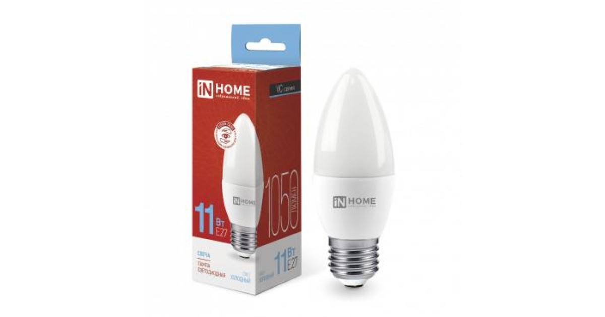 Купить Лампа светодиодная LED-СВЕЧА-VC 11Вт свеча 6500К холод. бел. E27 1050лм 230В 4690612024868 IN HOME оптом в Москве