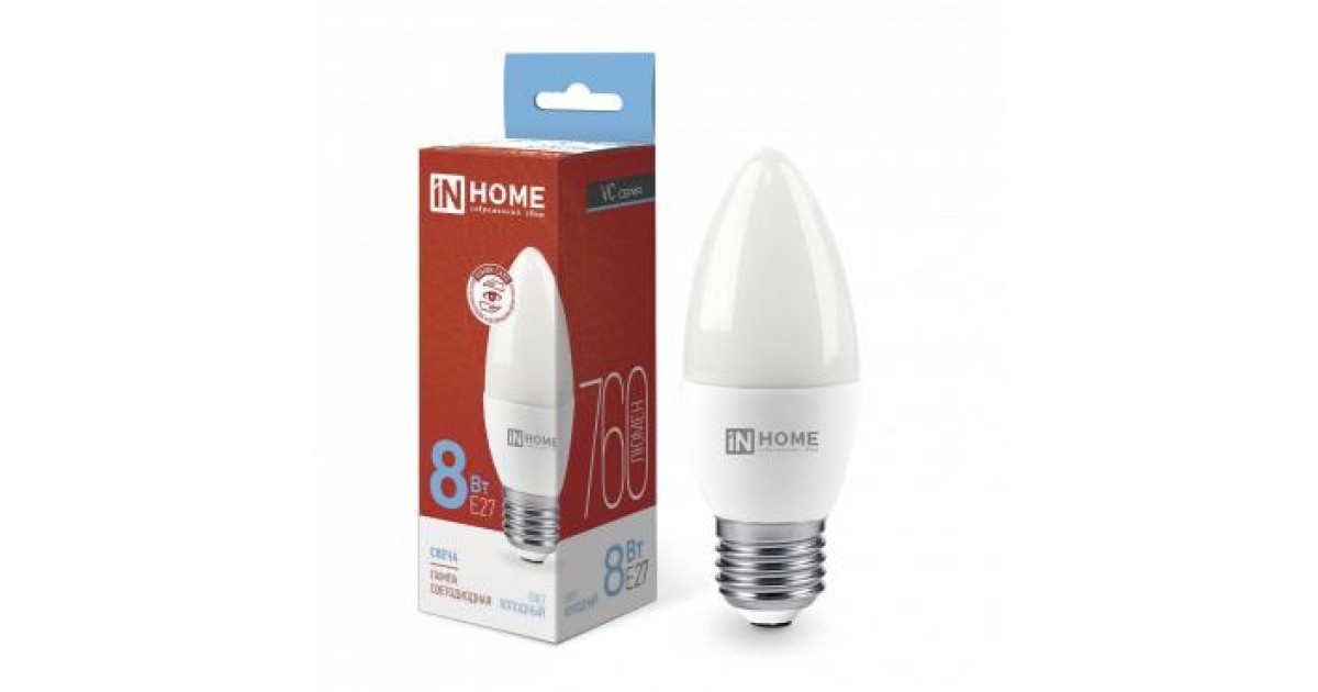 Купить Лампа светодиодная LED-СВЕЧА-VC 8Вт свеча 6500К холод. бел. E27 760лм 230В 4690612024820 IN HOME оптом в Москве