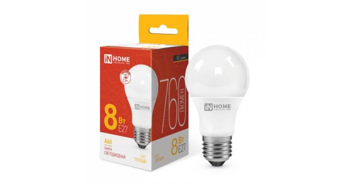 Купить Лампа светодиодная LED-A60-VC 8Вт грушевидная 3000К тепл. бел. E27 760лм 230В 4690612024004 IN HOME оптом в Москве