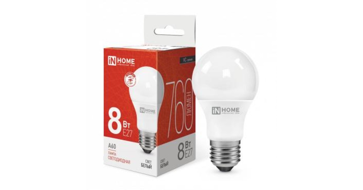 Купить Лампа светодиодная LED-A60-VC 8Вт грушевидная 4000К нейтр. бел. E27 760лм 230В 4690612024028 IN HOME оптом в Москве