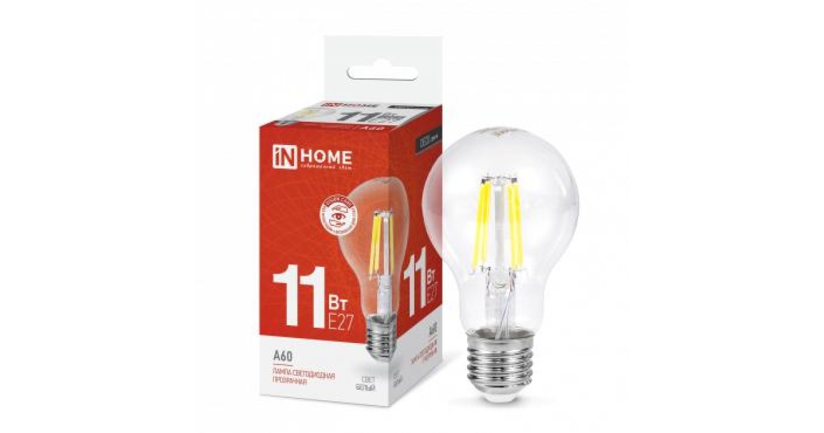 Купить Лампа светодиодная LED-A60-deco 11Вт грушевидная прозрачная 4000К нейтр. бел. E27 1160лм 230В 4690612026145 IN HOME оптом в Москве