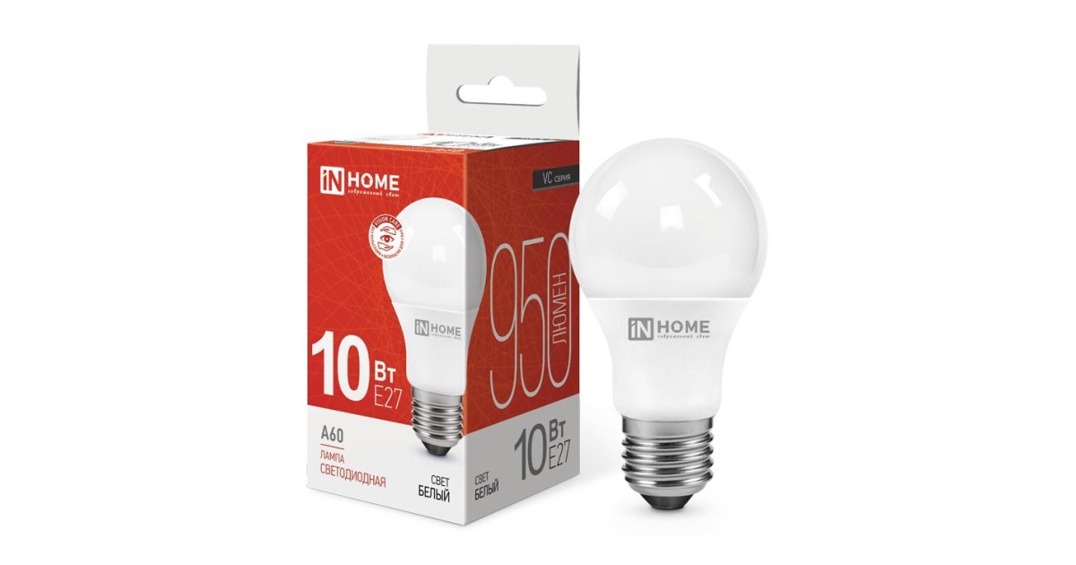 Купить Лампа светодиодная LED-A60-VC 10Вт грушевидная 4000К нейтр. бел. E27 950лм 230В 4690612020211 IN HOME оптом в Москве