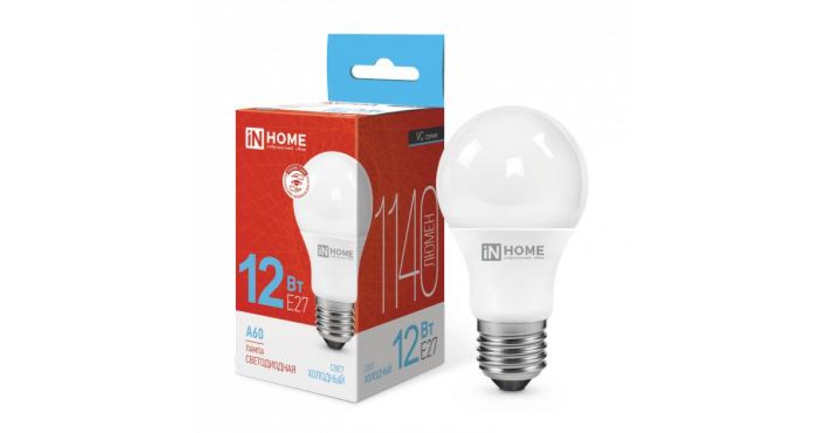 Купить Лампа светодиодная LED-A60-VC 12Вт грушевидная 6500К холод. бел. E27 1140лм 230В 4690612020259 IN HOME оптом в Москве