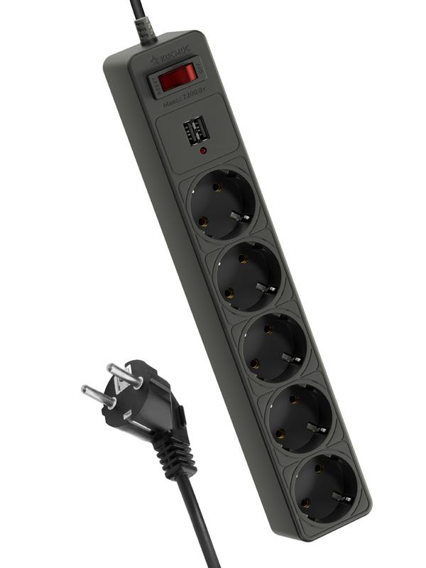 Удлинитель с сетевым фильтром 5х1.8м с заземл. 10А IP20 2.2кВт 2хUSB 3х0.75 с предохранителем FKsm1.8m-5g(B)USB - Космос