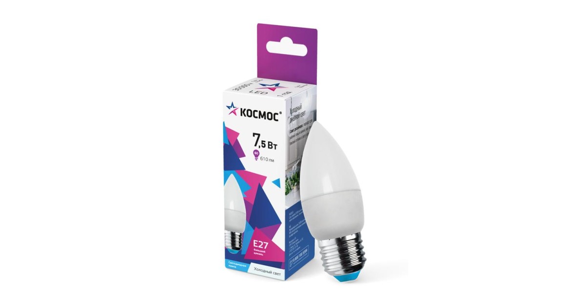 Купить Лампа светодиодная 7.5Вт свеча 6500К холод. бел. E27 220В КОСМОС LkecLED7.5wCNE2765 Космос оптом в Москве